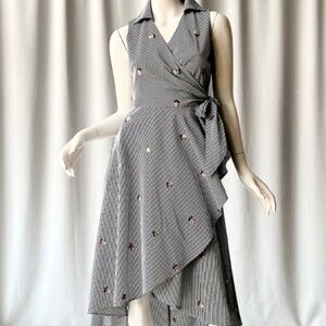 Calvin Klein rose embroidered midi pinstripe wrap dress - size 6
